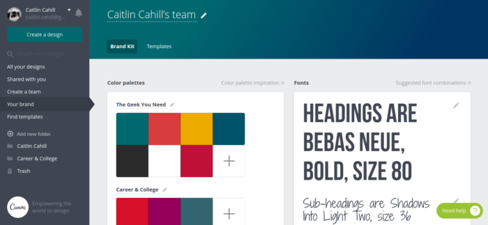 Canva Brand Kit Includes Color Palettes and Fonts